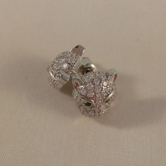 Mens Sterling Silver Emerald Diamond Zircon Panther Cat Stud Earrings Party Gift - Picture 8 of 12